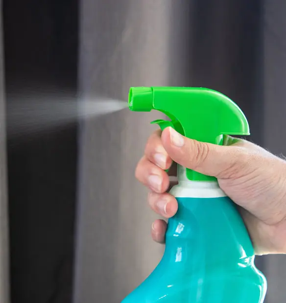 A person spraying a green spray bottle with water.